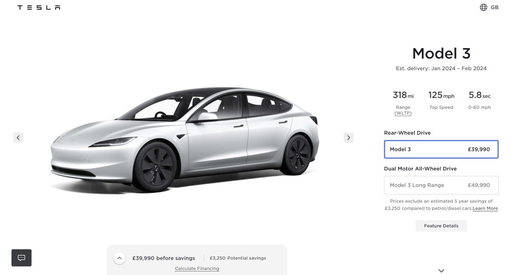 特斯拉新款 Model 3 现已在英国上市，起售价比旧款更低