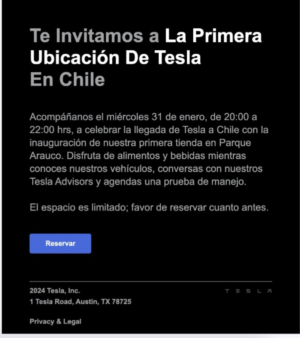 特斯拉将在智利开设首家专卖店并举行开业典礼